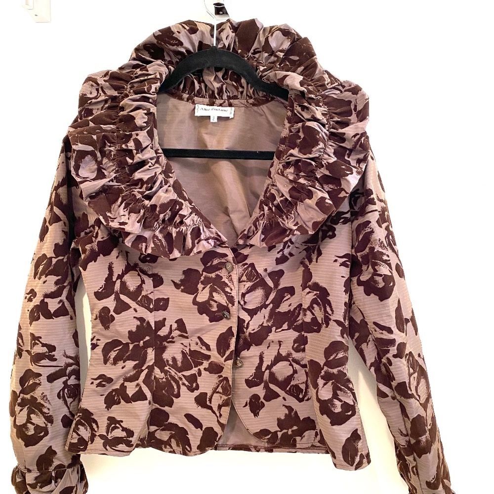 Anne Fontaine Taupe and Chocolate Floral Ruffle-Collar Blouse
